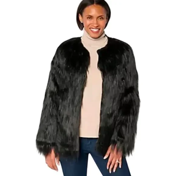 QVC Donna Salyers Fabulous Furs Tibby Collarless Faux Fur Coat BLACK NWOT SIZE S - Picture 1 of 6